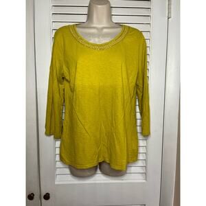 Coldwater Creek gold slub fabric‎ embellished neckline top M Excellent Fancy